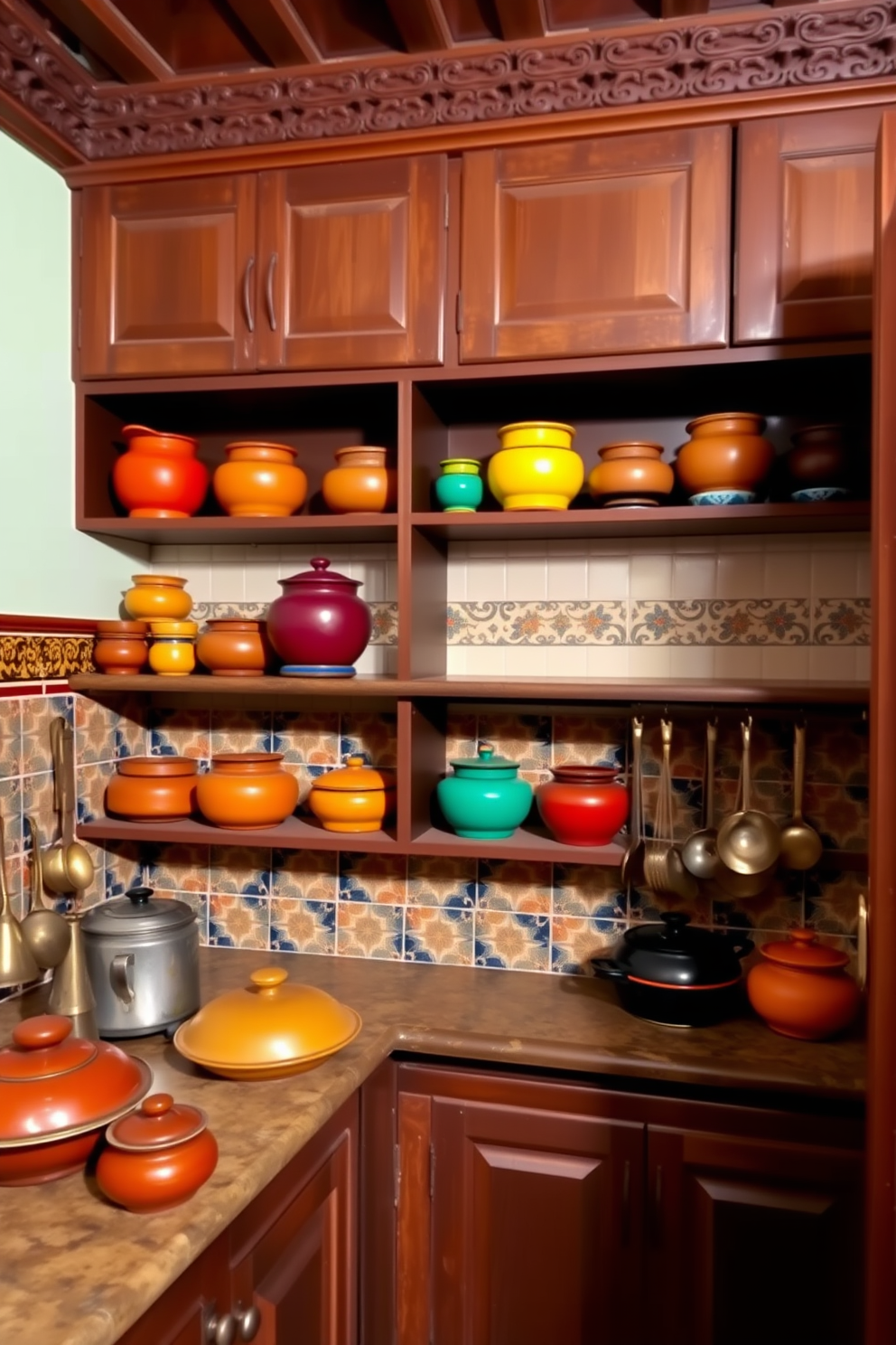 A traditional Indian kitchen featuring vibrant clay pots arranged on open shelves. The space is adorned with intricate wooden cabinetry, colorful tile backsplash, and brass utensils hanging from hooks.