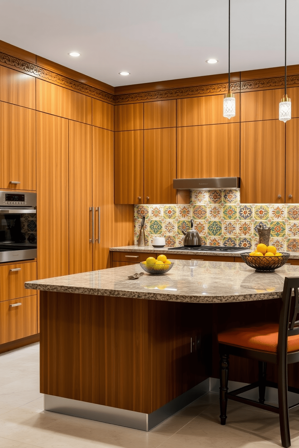 A fusion kitchen that seamlessly blends modern aesthetics with traditional Indian design elements. The space features sleek cabinetry with a warm wood finish alongside ornate wooden carvings that reflect Indian craftsmanship. An expansive island serves as a functional centerpiece, topped with a polished granite surface. Colorful tiles with intricate patterns adorn the backsplash, adding a vibrant touch to the overall design.