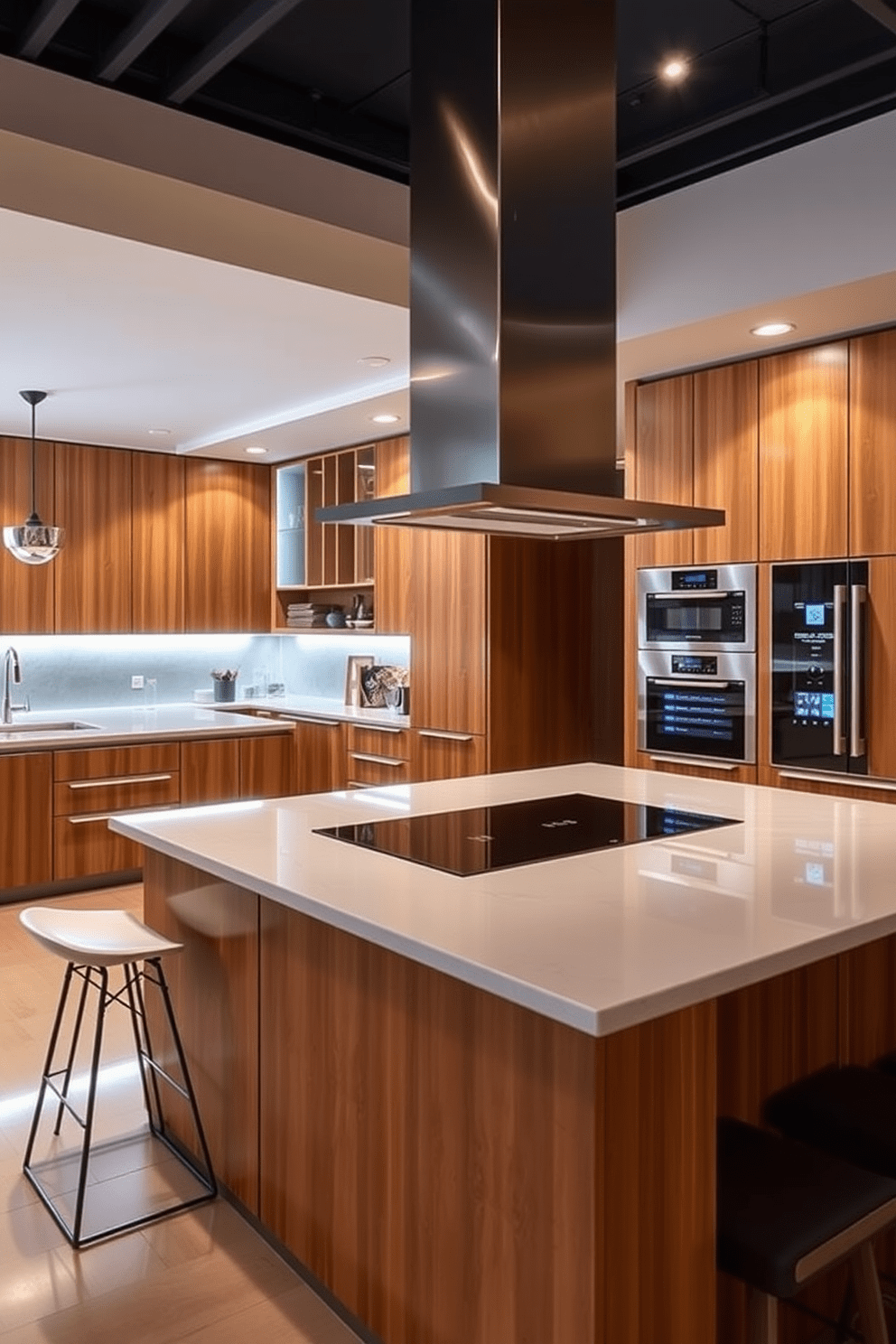 A high-tech kitchen featuring sleek smart appliances seamlessly integrated into the cabinetry. The space boasts a large island with a polished quartz countertop and high-tech induction cooktop, surrounded by modern bar stools. Bright LED lighting illuminates the room, highlighting the rich wooden cabinets and contemporary backsplash. An open layout connects the kitchen to the dining area, creating an inviting atmosphere for family gatherings.