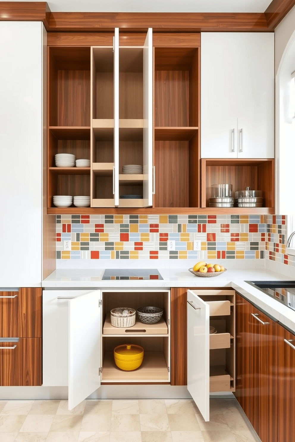 A modern Indian kitchen featuring space-saving designs with pull-out shelves. The cabinetry is a mix of rich wood tones and sleek white finishes, maximizing storage while maintaining an elegant aesthetic. The countertops are made of durable quartz, providing ample workspace for meal preparation. Brightly colored tiles decorate the backsplash, adding a vibrant touch to the overall design.