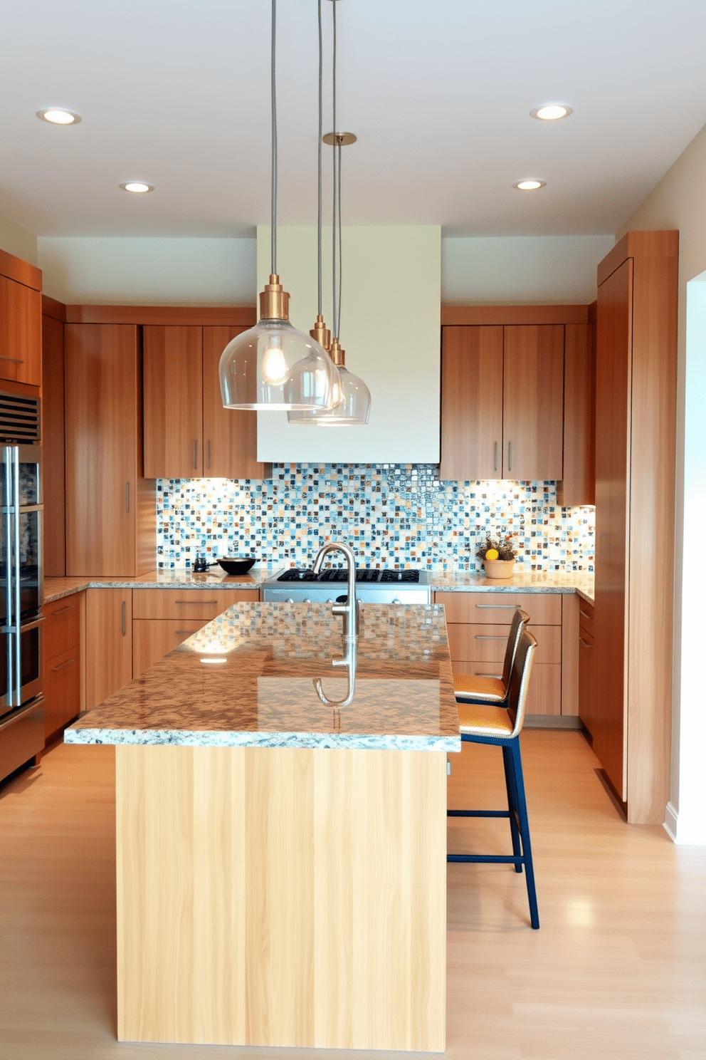 Stylish kitchen with pendant lighting fixtures. The space features a large island with a polished granite countertop and bar stools, surrounded by sleek cabinetry in a warm wood finish. The walls are painted in a soft cream color, complementing the rich tones of the cabinetry. A backsplash of colorful mosaic tiles adds a vibrant touch, while the pendant lights provide a warm glow over the island.