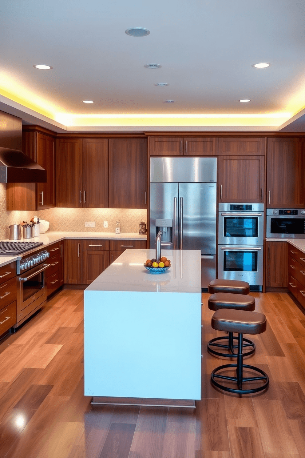 A chef-inspired kitchen featuring professional-grade appliances. The space includes a large stainless steel refrigerator, a six-burner gas stove, and a double oven, all arranged for optimal functionality. Rich wooden cabinetry complements the sleek countertops, creating a warm yet modern atmosphere. A spacious island in the center offers additional prep space and is adorned with stylish bar stools for casual dining.