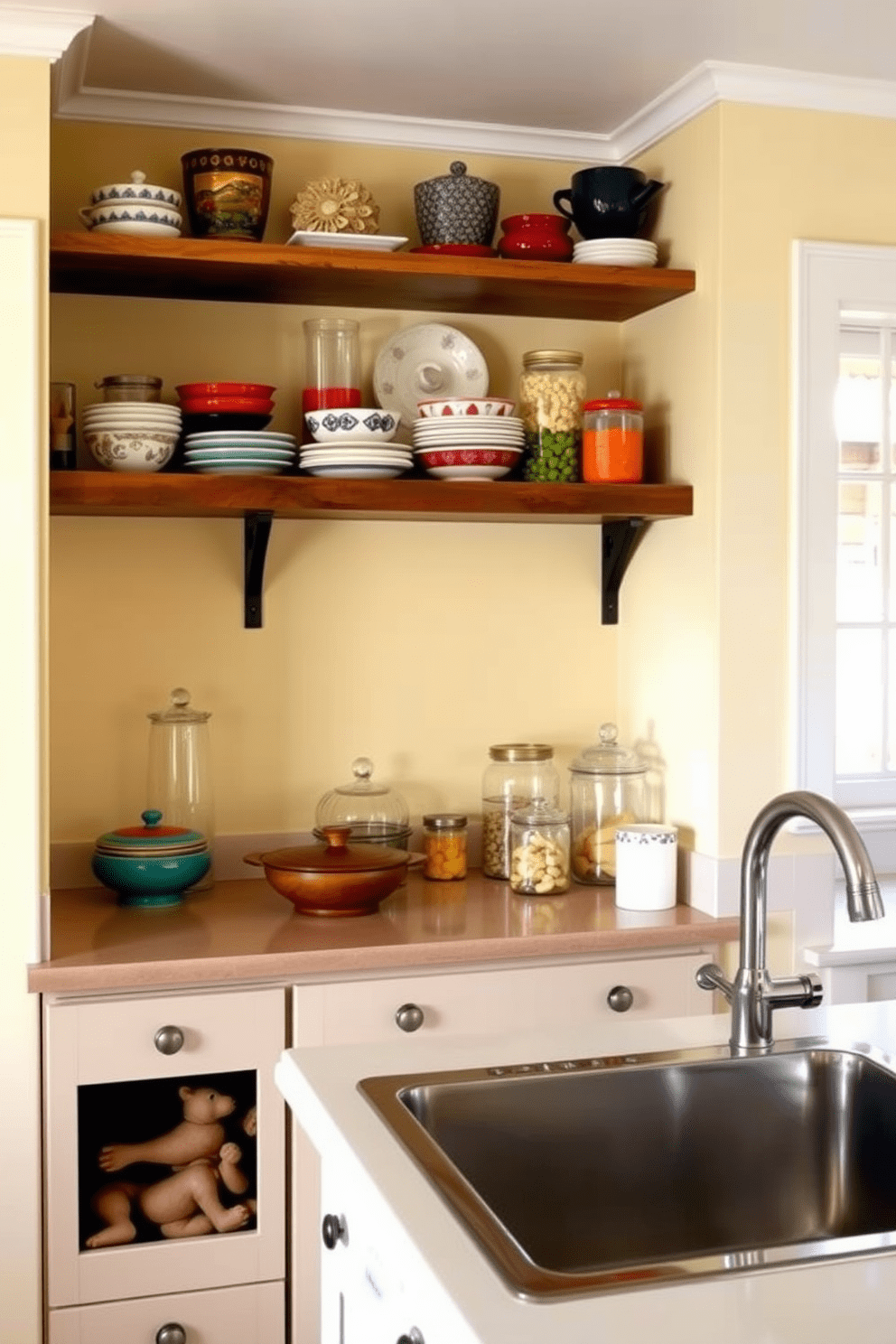 Charming kitchen with open shelving. The walls are painted in a warm cream color, and the open shelves are filled with colorful ceramic dishes and glass jars.