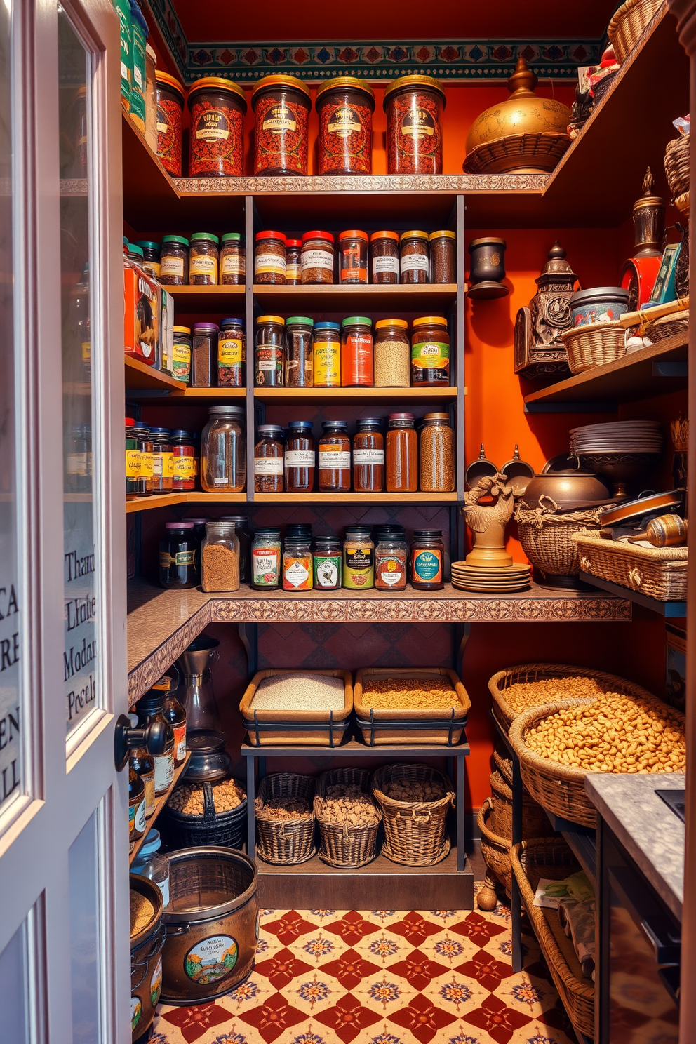 A vibrant Indian-style pantry features an array of organized storage solutions. Shelves are filled with colorful jars and spices, while traditional wooden baskets hold grains and lentils. The pantry is adorned with intricate tile work and decorative elements that reflect Indian culture. A warm color palette enhances the inviting atmosphere, making it a functional and beautiful space.