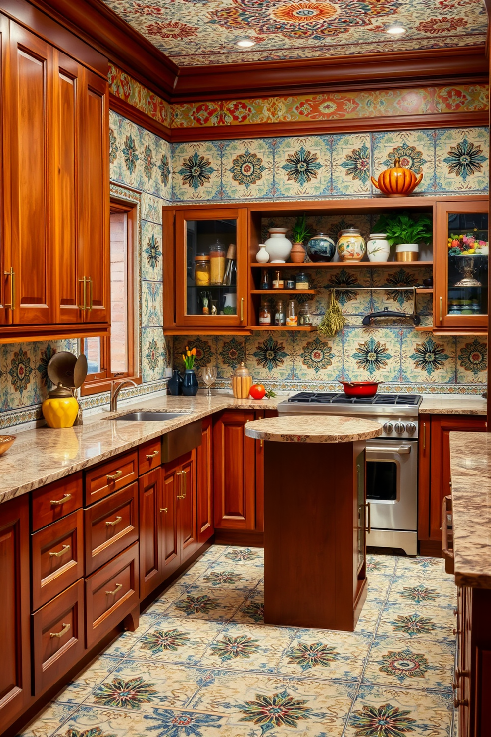 A vibrant Indian kitchen featuring artisan tiles with intricate patterns that add character and charm. The cabinetry is crafted from rich wood, complemented by brass handles and traditional motifs. A spacious island in the center serves as a functional workspace, topped with a polished granite surface. Colorful spices and herbs are displayed in decorative jars on open shelves, enhancing the kitchen's lively atmosphere.