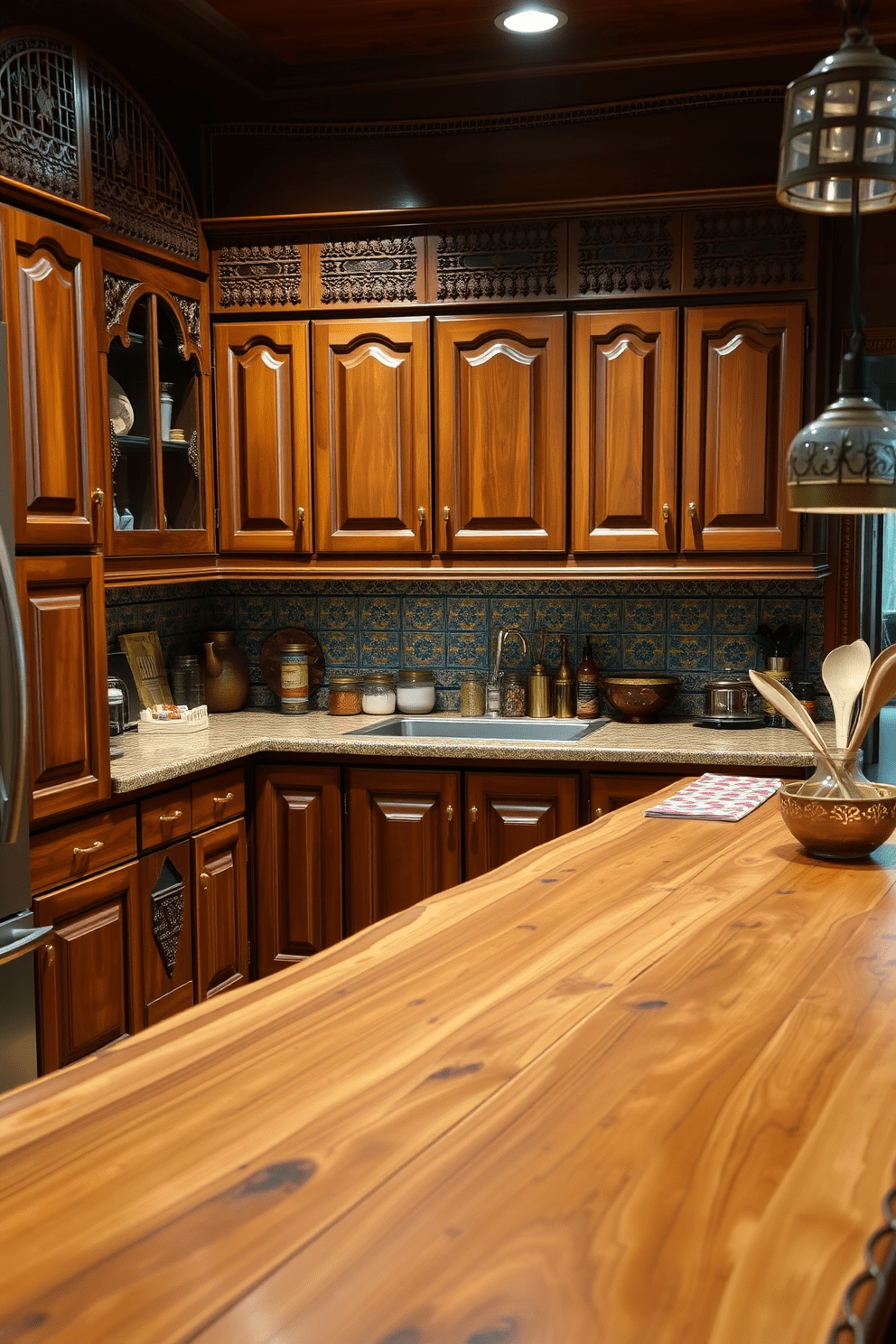 A warm and inviting Indian kitchen features rich wooden cabinetry with intricate carvings and brass hardware. The space is complemented by a large island made of reclaimed wood, topped with a vibrant patterned countertop that adds a pop of color. Soft ambient lighting illuminates the kitchen, highlighting the natural grain of the wood and the colorful tiles that line the backsplash. Traditional Indian spices and utensils are artfully displayed, adding both functionality and charm to the design.