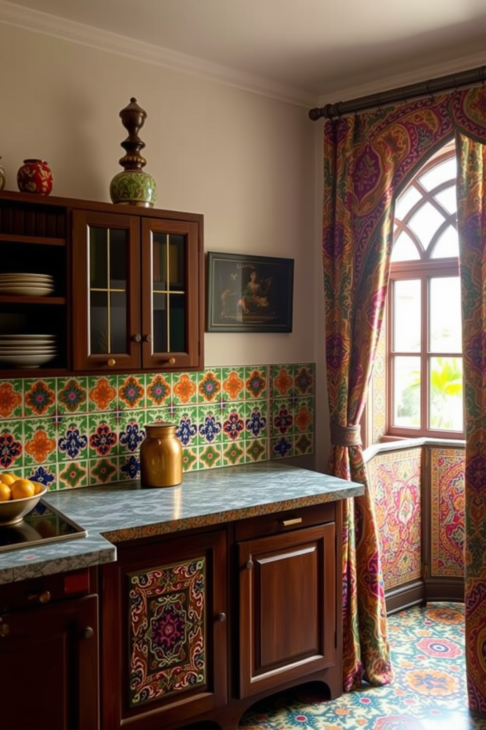 A vibrant Indian kitchen showcasing bold patterns in textiles. The walls are adorned with colorful hand-painted tiles, and the curtains feature intricate paisley designs in rich hues.