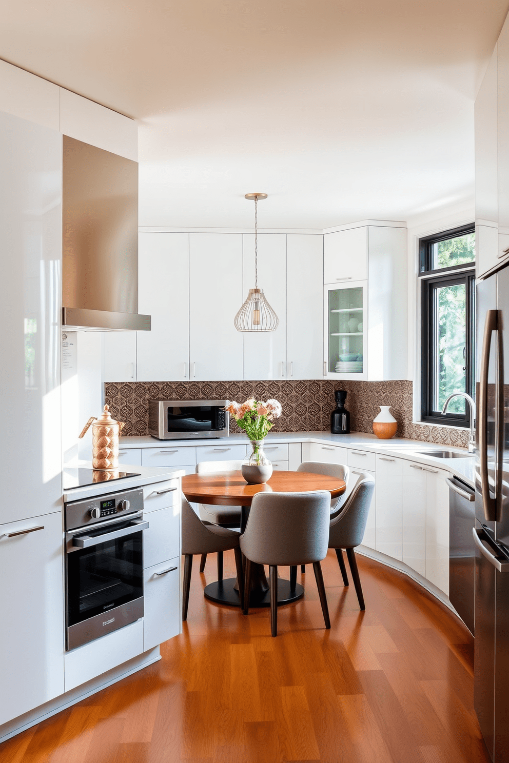 A contemporary kitchen featuring sleek cabinetry in a glossy white finish complemented by stainless steel appliances. The space includes a cozy breakfast nook with a round wooden table surrounded by upholstered chairs, perfect for casual dining. The kitchen is adorned with a vibrant backsplash showcasing intricate patterns inspired by traditional Indian design. Natural light floods the area through large windows, enhancing the warm tones of the hardwood flooring and creating an inviting atmosphere.