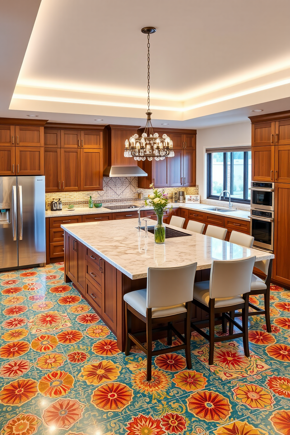 A spacious open kitchen features a large central island with comfortable seating for four. The cabinetry is a rich wood finish, complemented by sleek stainless steel appliances and vibrant tiles that reflect traditional Indian design elements.