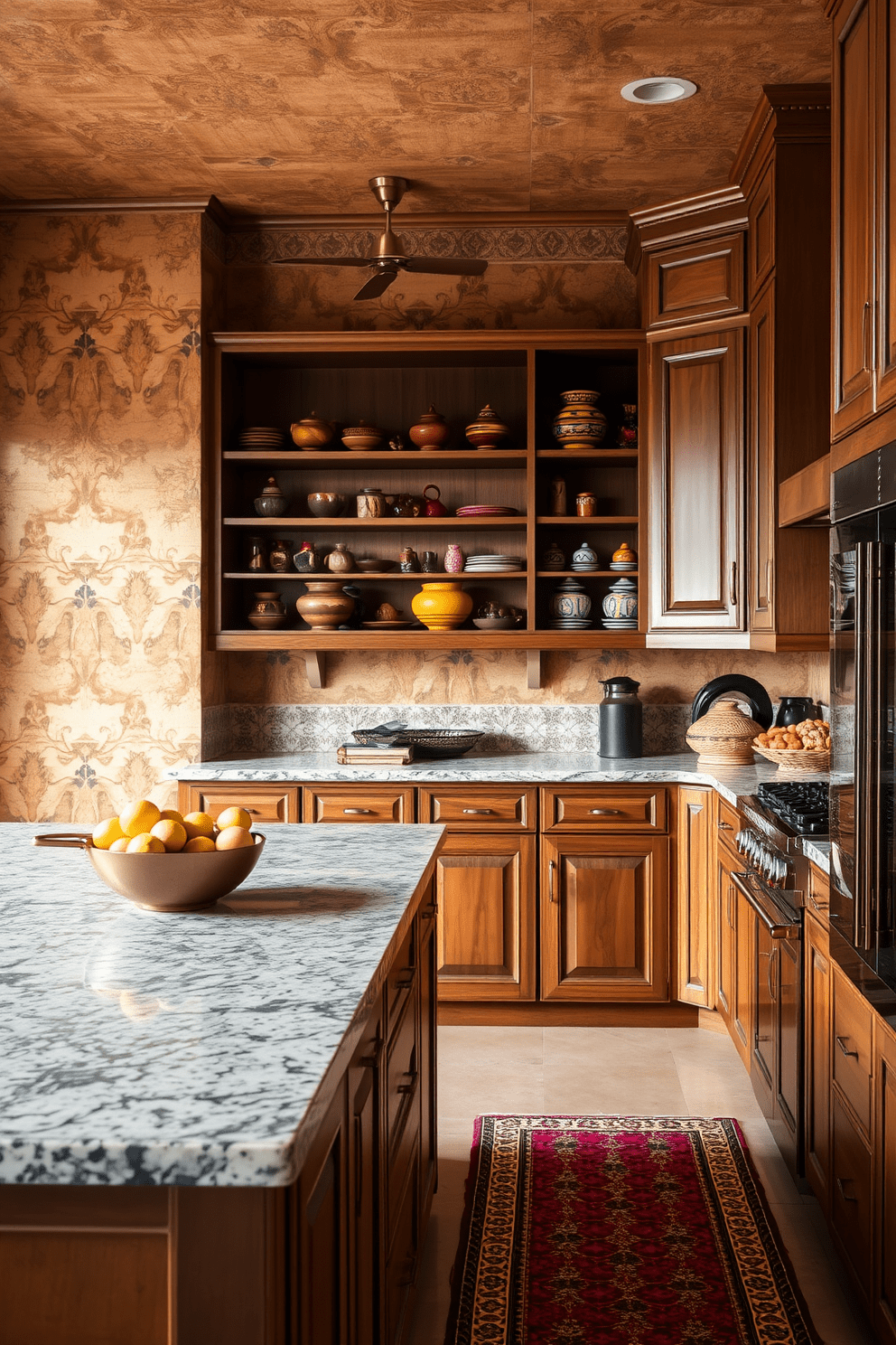 Textured walls create a warm and inviting atmosphere in an Indian kitchen. Rich earth tones and intricate patterns enhance the overall aesthetic while providing a backdrop for traditional wooden cabinets and vibrant textiles. The kitchen features open shelving displaying colorful pottery and spices, adding a personal touch. A large island with a granite countertop serves as both a functional workspace and a gathering spot for family and friends.