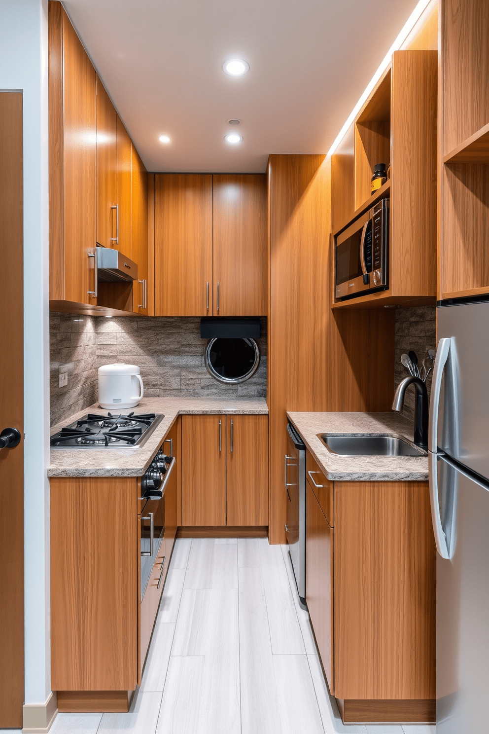 A compact parallel kitchen designed for small spaces features sleek cabinetry in a warm wood finish. The countertops are made of durable granite, providing ample workspace while maintaining a clean and organized look. On one side, a two-burner gas stove is installed next to a small sink, maximizing efficiency. The opposite wall showcases a refrigerator and an overhead microwave, with open shelving for easy access to spices and utensils.