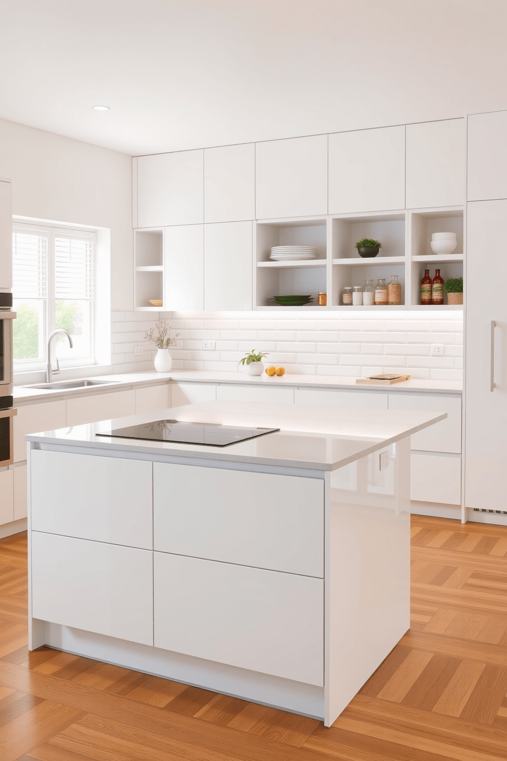 A minimalist kitchen design featuring sleek finishes and clean lines. The cabinetry is a glossy white with integrated handles, and the countertops are made of polished quartz in a light gray tone. A large island occupies the center, showcasing a built-in cooktop and bar seating. The backsplash is a simple subway tile in a soft off-white, enhancing the overall airy feel of the space. Incorporate open shelving to display elegant dishware and plants. The flooring is a warm wood tone, adding a touch of warmth to the modern aesthetic. For an Indian kitchen twist, include a tandoor oven integrated into the cabinetry. Use vibrant spices in decorative jars on the shelves to bring color and personality to the minimalist design.