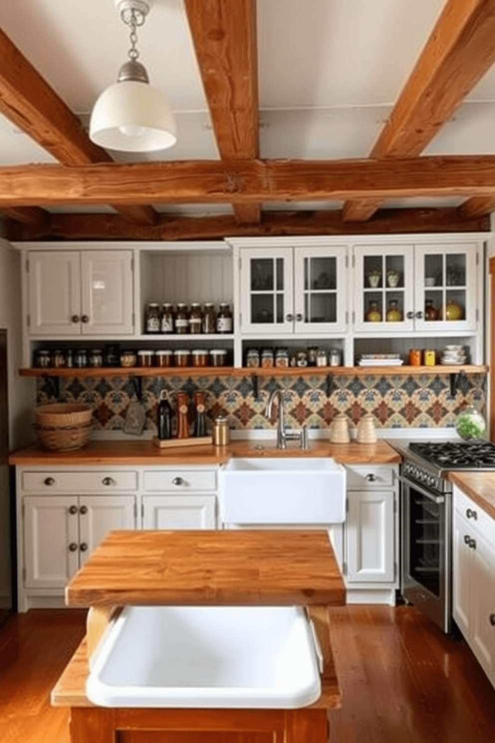 A cozy rustic farmhouse kitchen featuring exposed wooden beams that add warmth and character to the space. The cabinetry is a distressed white with antique hardware, complemented by a large farmhouse sink and a wooden island topped with butcher block. The kitchen showcases traditional Indian elements with vibrant spices displayed in glass jars on open shelves. Hand-painted tiles in rich colors adorn the backsplash, creating a lively contrast against the neutral tones of the room.