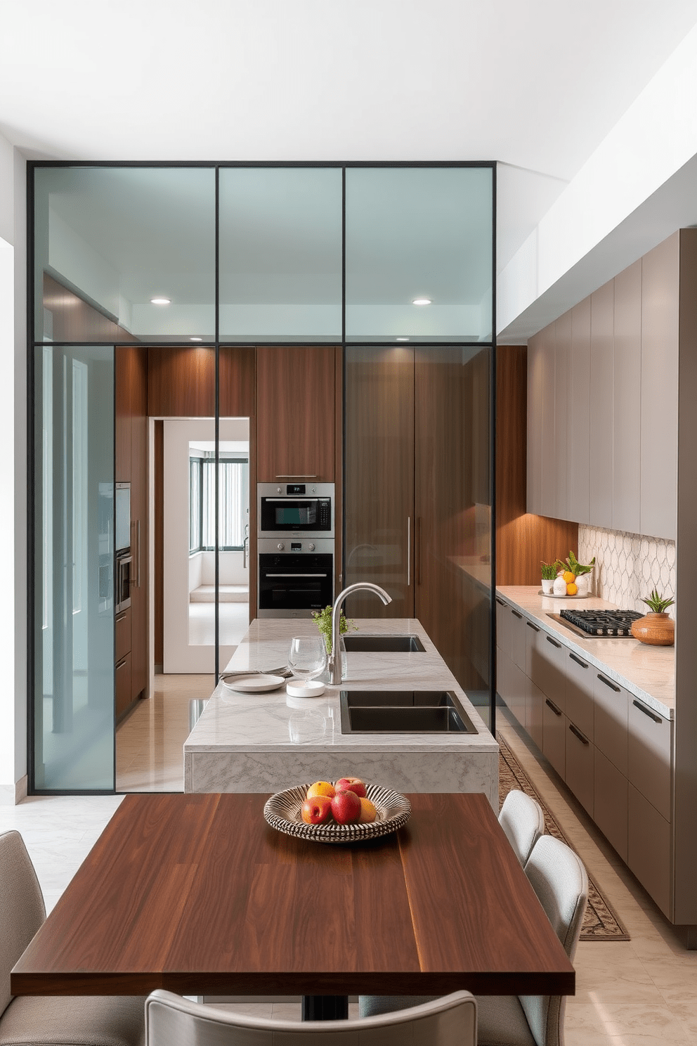 Contemporary kitchen featuring sleek glass partitions that separate the cooking area from the dining space. The kitchen has a large island with a waterfall countertop, modern appliances, and minimalist cabinetry in a soft gray finish. Indian kitchen design ideas include vibrant color palettes with traditional wooden cabinets and intricate tile work. A spacious layout allows for a blend of modern functionality and cultural elements, creating a warm and inviting atmosphere.