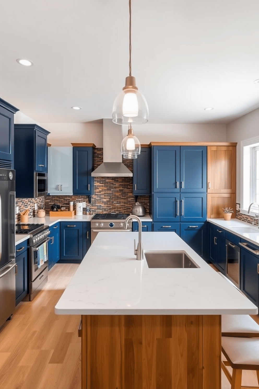 An L-shaped kitchen designed for efficient workflow features a central island that serves as both a prep area and a casual dining space. The cabinetry is a mix of deep blue and warm wood tones, complemented by sleek stainless steel appliances and a large farmhouse sink. The countertops are made of durable quartz in a light color, providing ample workspace for cooking. Bright pendant lights hang above the island, illuminating the space while a vibrant backsplash adds a pop of color and texture.