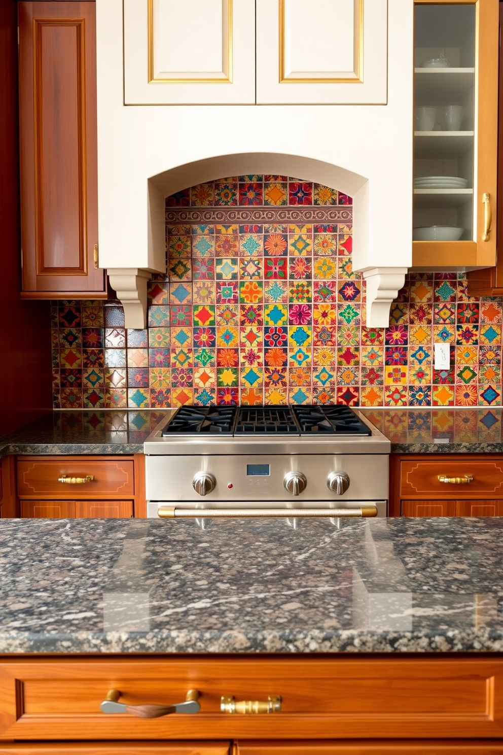 A vibrant Indian kitchen featuring a bold backsplash adorned with colorful tiles that create a striking focal point. The cabinetry is rich wood, complemented by brass handles and traditional motifs, while the countertops are a sleek granite that balances the vibrant colors.