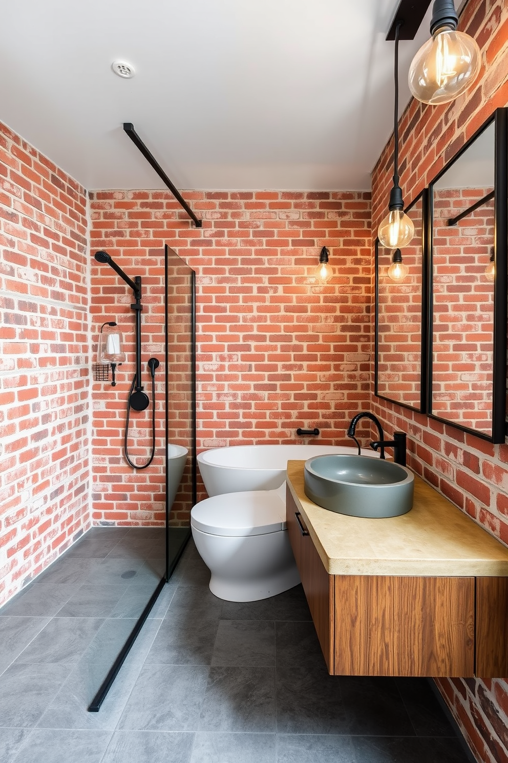 A stylish industrial bathroom with exposed brick walls that add rustic charm. The space features a sleek black metal shower frame and a freestanding tub positioned against the brick backdrop. A large mirror with an industrial-style frame hangs above a wooden vanity with a concrete sink. The floor is adorned with large gray tiles, and vintage-style light fixtures provide warm illumination.