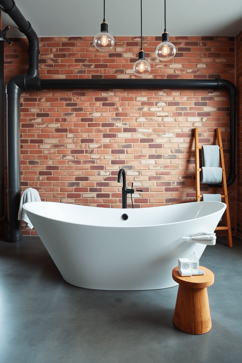 A striking freestanding bathtub takes center stage in an industrial bathroom, surrounded by exposed brick walls and large metal pipes that add character. The floor features polished concrete, while a vintage wooden ladder leans against the wall, displaying neatly rolled towels. The bathtub is complemented by a sleek black faucet and a minimalist wooden stool beside it, holding a few carefully selected bath essentials. Soft, ambient lighting from pendant fixtures enhances the industrial vibe, creating a cozy yet modern atmosphere.