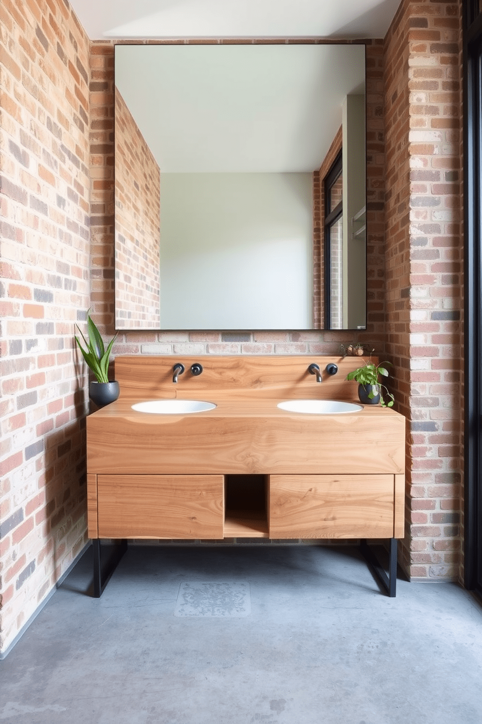 A raw wooden vanity with a natural finish serves as the centerpiece of the bathroom, showcasing the beauty of the wood grain. The walls are adorned with exposed brick, adding an industrial touch that complements the rustic elements. The space features sleek metal fixtures and a large, frameless mirror that enhances the open feel. Concrete flooring provides a sturdy foundation, while strategically placed plants bring a touch of greenery to the industrial aesthetic.