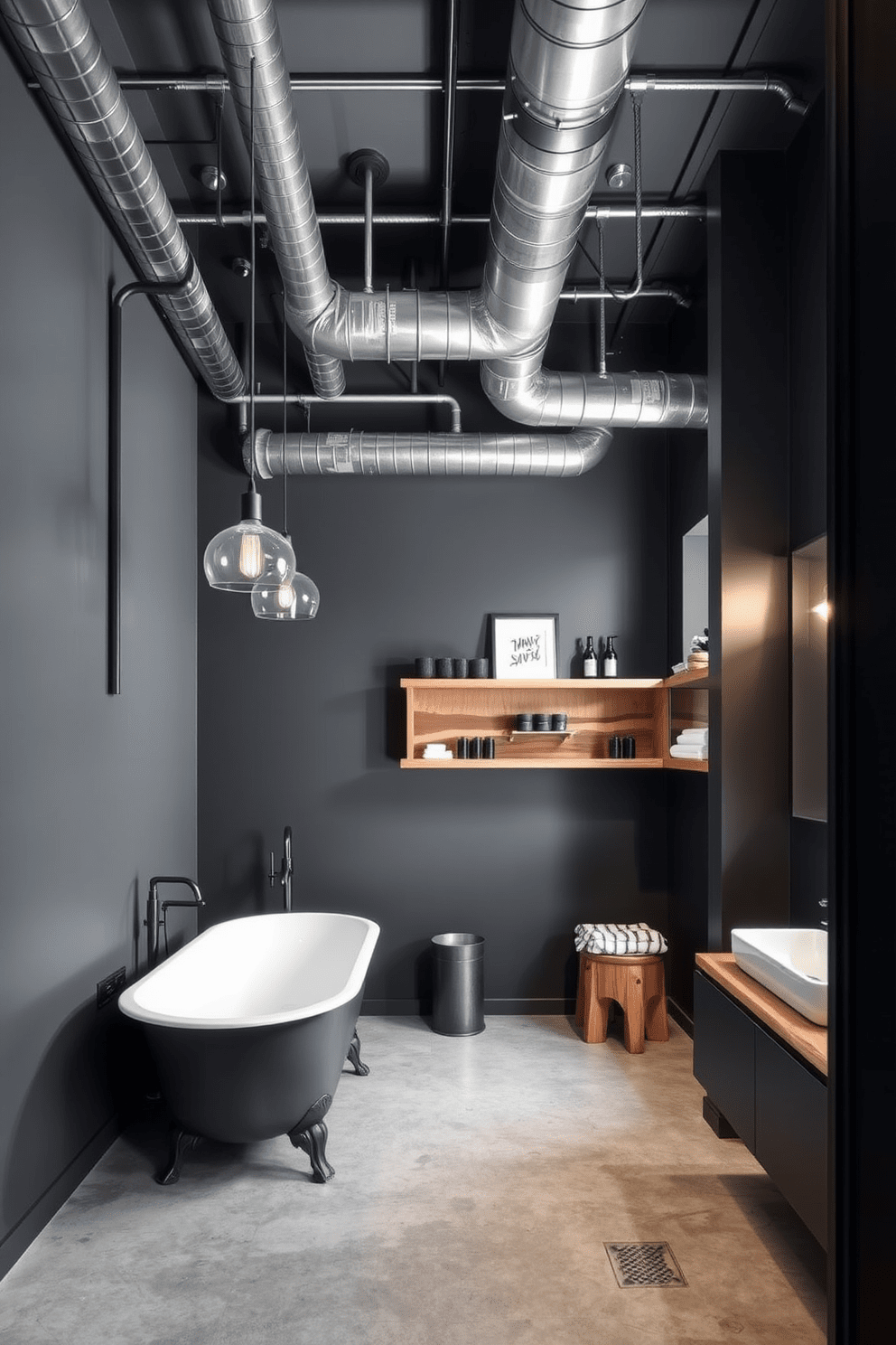 A striking industrial bathroom featuring exposed ductwork that enhances the raw aesthetic of the space. The walls are painted in a deep charcoal gray, complemented by a sleek concrete floor and minimalist fixtures. A freestanding bathtub sits against one wall, surrounded by reclaimed wood shelving displaying stylish accessories. Industrial-style lighting fixtures hang from the ceiling, casting a warm glow over the room.