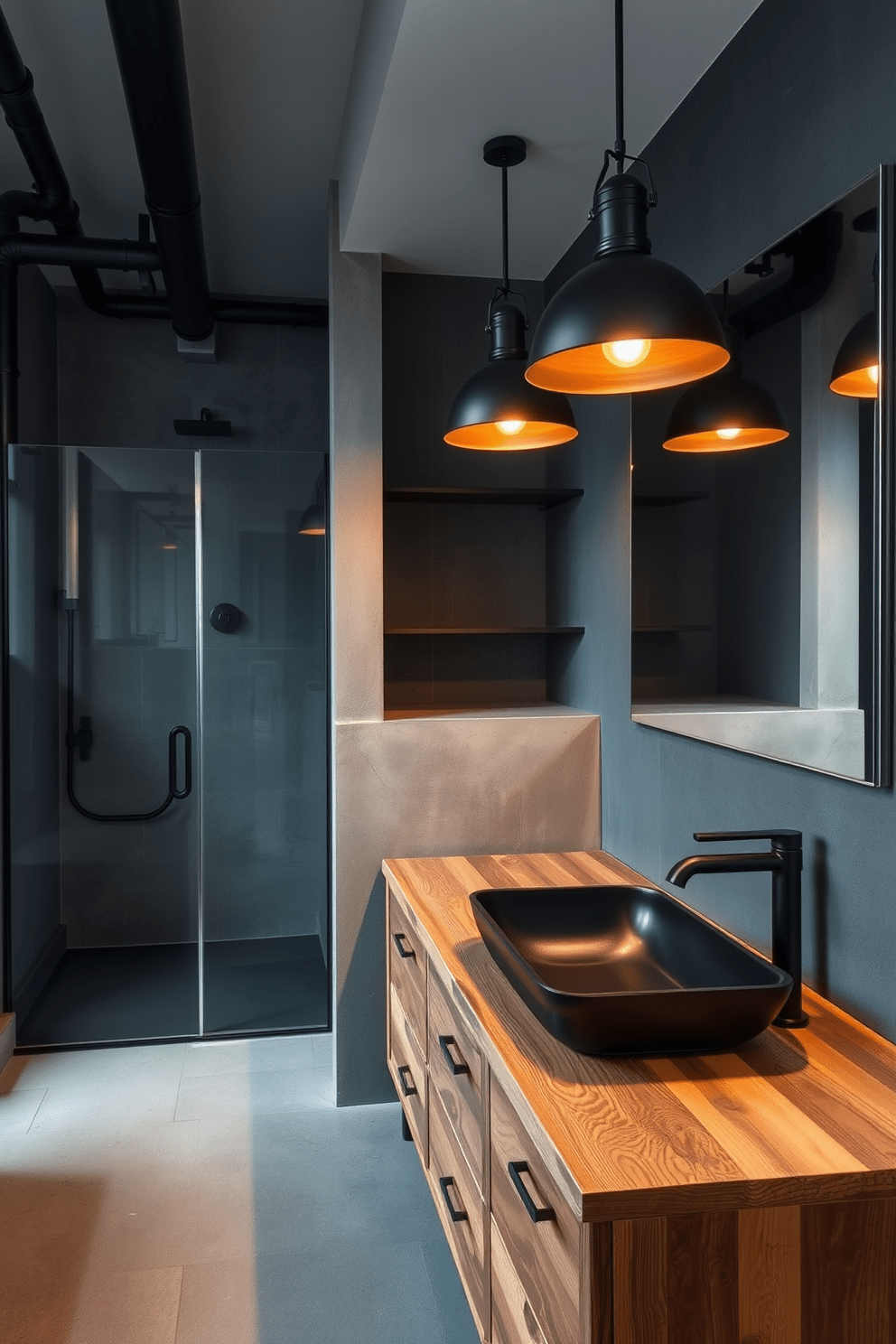 A modern industrial bathroom featuring black matte fixtures that provide a sleek and sophisticated finish. The space includes exposed pipes and a concrete wall, complemented by a large walk-in shower with a glass enclosure. The vanity is made of reclaimed wood with a minimalist design, topped with a deep black sink. Large industrial-style light fixtures hang above the vanity, illuminating the space with a warm glow.