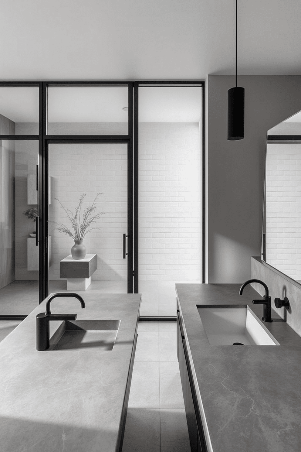 A minimalist bathroom featuring concrete countertops that exude a modern industrial vibe. The space is enhanced by sleek black fixtures and large glass panels that allow natural light to flood in.