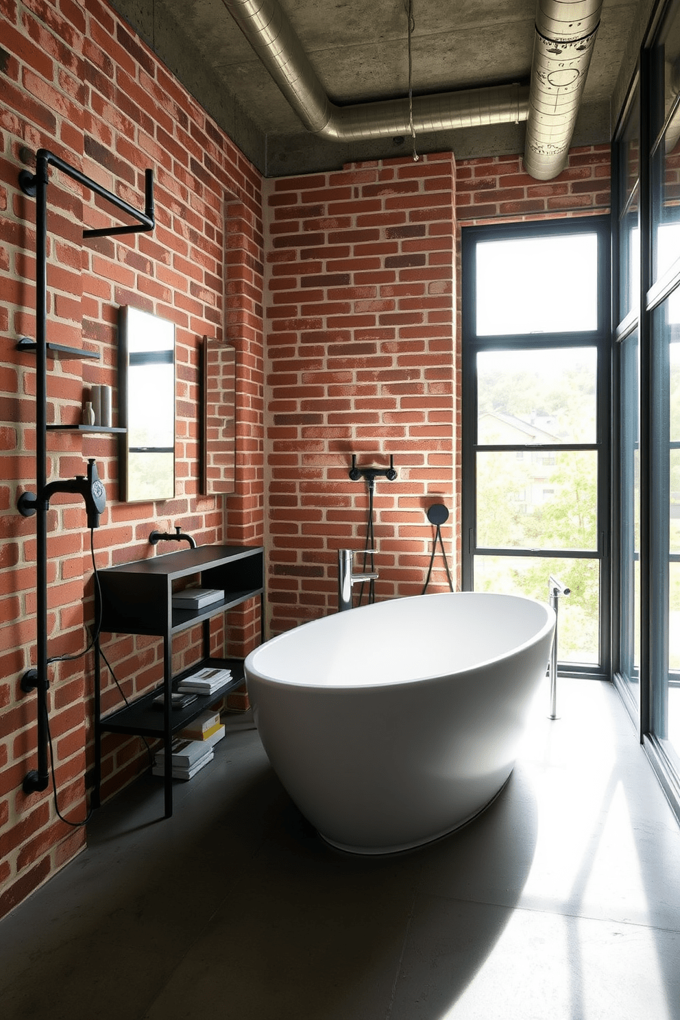 A modern industrial bathroom featuring wall-mounted faucets that enhance space efficiency. The design incorporates exposed brick walls, a concrete floor, and sleek metal accents throughout the space. A freestanding bathtub takes center stage, surrounded by minimalist shelving for storage. Large windows allow natural light to flood the room, highlighting the combination of rustic and contemporary elements.