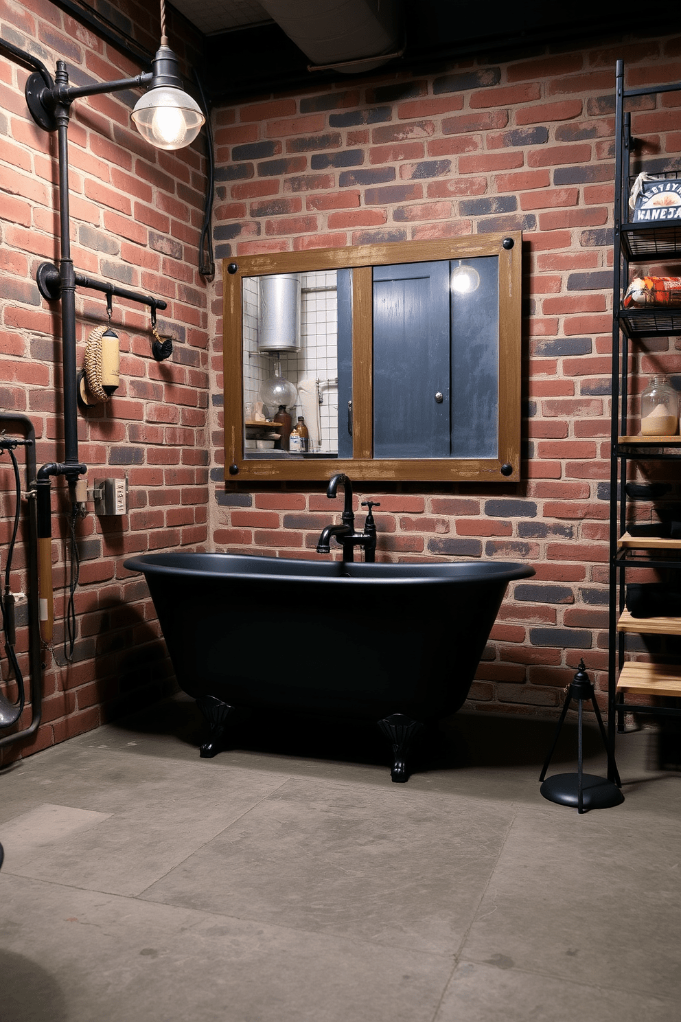 A rugged bathroom space featuring exposed brick walls and concrete floors. Rustic metal accessories such as a vintage faucet, industrial-style light fixtures, and a metal shelving unit add character and charm to the design. The centerpiece is a freestanding tub with a matte black finish, surrounded by wooden accents. A large mirror with a distressed metal frame reflects the unique industrial elements throughout the room.