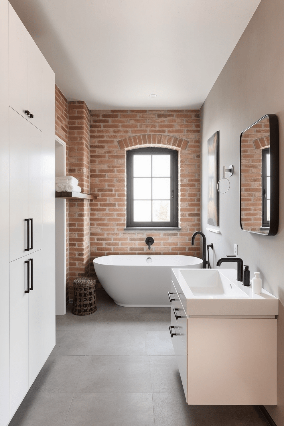 A serene industrial bathroom setting featuring a neutral color scheme with soft beige and warm gray tones. The space includes a freestanding soaking tub with a matte black faucet and a large window allowing natural light to flood in. Exposed brick walls contrast with sleek white cabinetry and a rustic wooden shelf displaying neatly rolled towels. The floor is adorned with large format concrete tiles, and a minimalist black-framed mirror hangs above the modern sink.