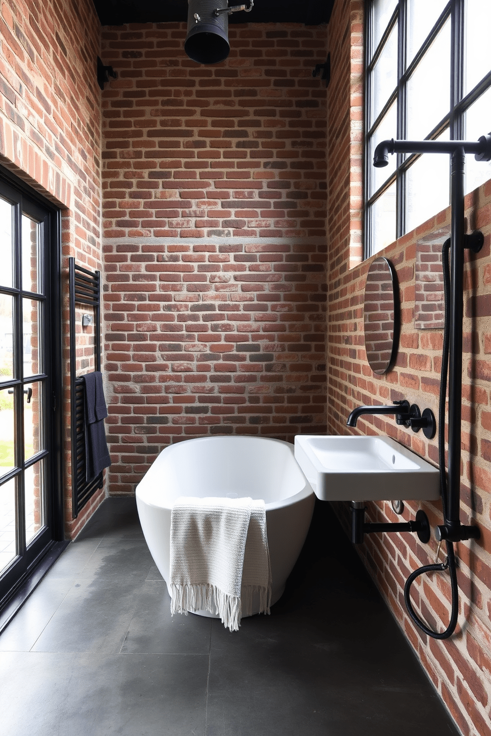 A sleek industrial bathroom featuring exposed brick walls and large metal fixtures. The space includes functional towel racks made of black iron, complementing the overall rugged aesthetic. The flooring is polished concrete, enhancing the industrial vibe while providing durability. Large windows allow natural light to flood the room, highlighting the minimalist decor and utilitarian design elements.