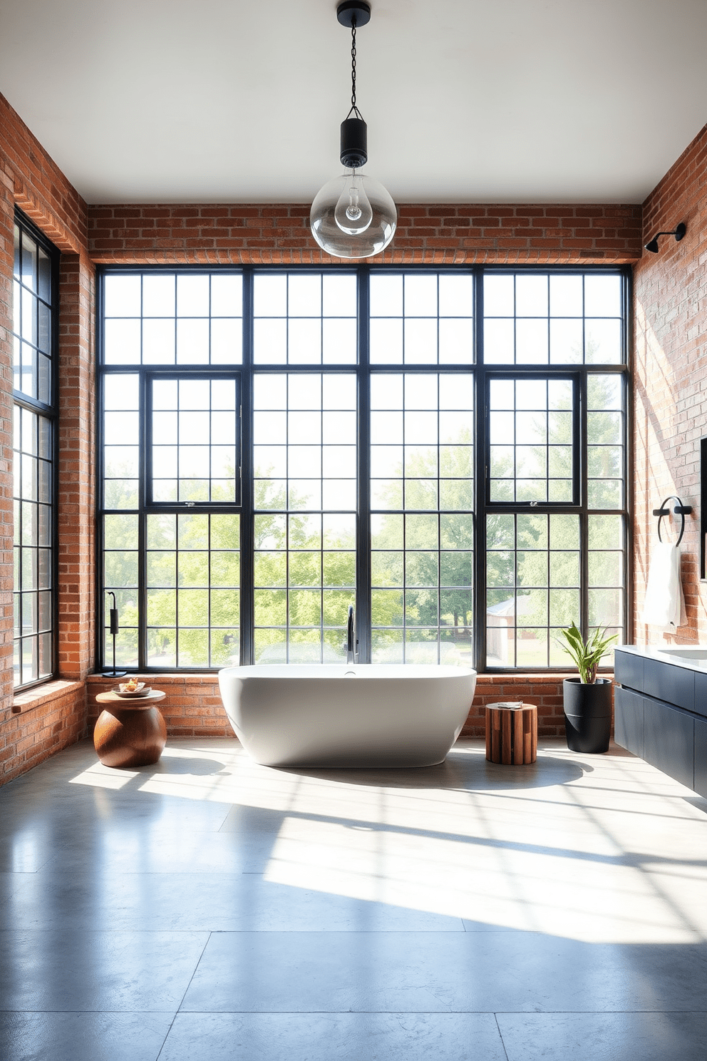 A spacious industrial bathroom featuring large windows that allow an abundance of natural light to flood the space. The walls are adorned with exposed brick, and the flooring consists of polished concrete for a sleek, modern look. A freestanding soaking tub sits in the center, surrounded by minimalist decor. Industrial-style light fixtures hang from the ceiling, adding a touch of elegance to the raw aesthetic.