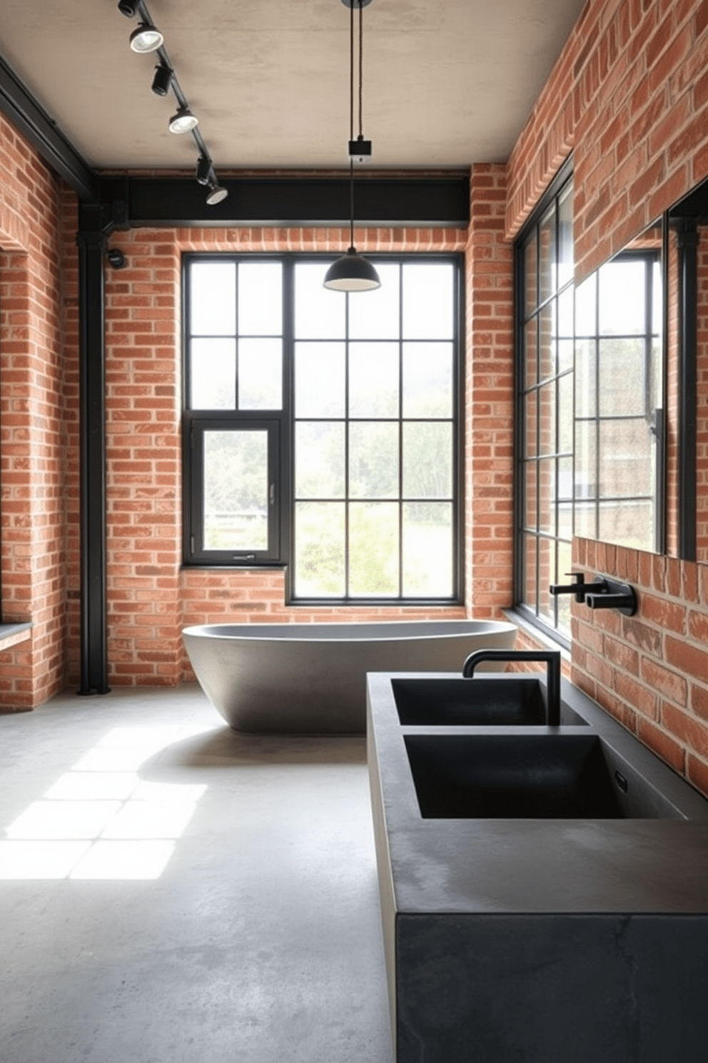 A sleek industrial bathroom featuring concrete sinks that seamlessly blend with the overall design. The walls are adorned with exposed brick, and large windows allow natural light to flood the space. The flooring is a polished concrete that complements the raw aesthetic. Minimalist fixtures in matte black add a touch of sophistication to the industrial vibe.