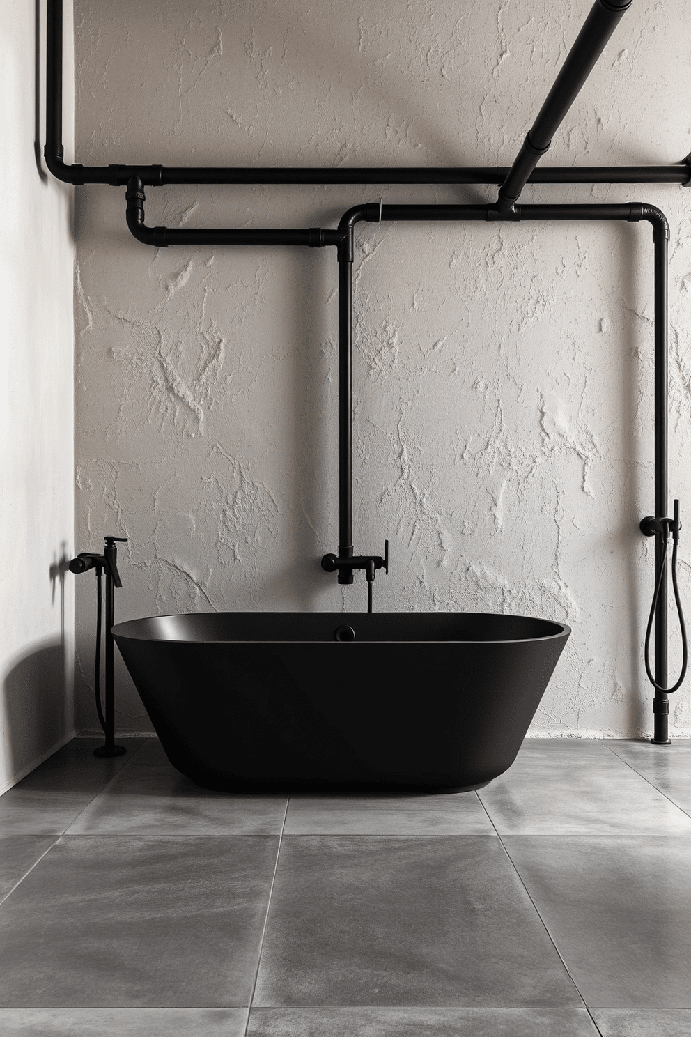 Textured walls with a rough plaster finish create a striking backdrop in an industrial bathroom. Exposed pipes and fixtures in matte black contrast beautifully with the soft texture of the walls. A freestanding tub sits against the textured wall, providing a luxurious focal point. The floor is adorned with large concrete tiles, enhancing the industrial aesthetic while ensuring durability.