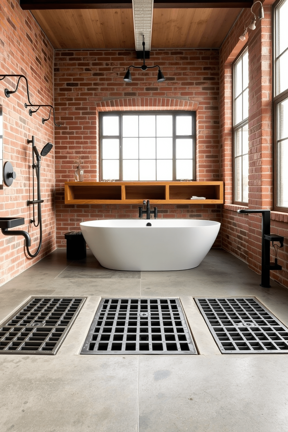 A modern industrial bathroom featuring metal grates as unique drainage solutions. The space showcases exposed brick walls and concrete flooring, with sleek black fixtures contrasting against the raw materials. A freestanding tub sits in the center, surrounded by minimalist shelving made of reclaimed wood. Large windows allow natural light to flood the room, highlighting the metallic accents and creating a warm, inviting atmosphere.