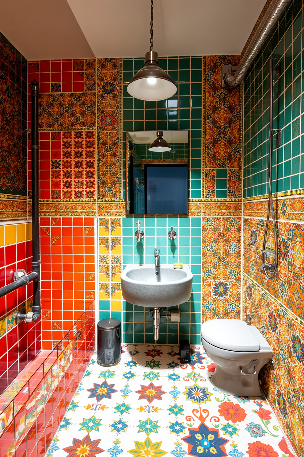 A vintage-inspired bathroom featuring colorful retro tiles that create a lively atmosphere. The walls are adorned with intricate tile patterns while the floor showcases a mix of bold colors and designs. Incorporating industrial elements, the bathroom includes exposed pipes and a concrete sink. The lighting consists of sleek metal fixtures that enhance the raw, urban feel of the space.