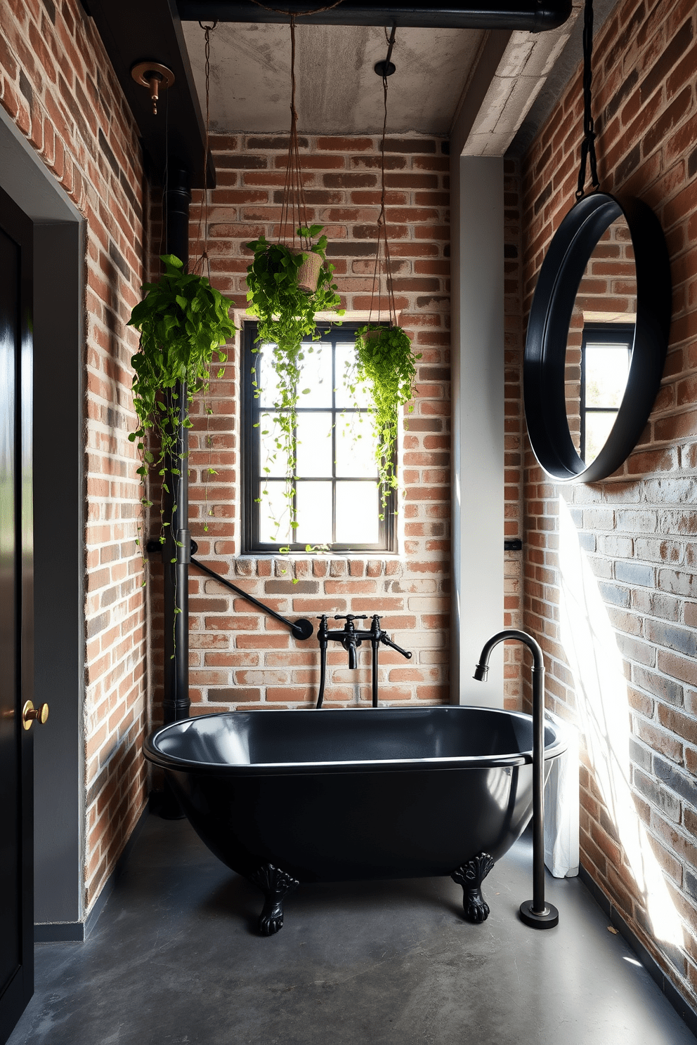 A striking industrial bathroom features exposed brick walls and polished concrete flooring. Hanging plants add a refreshing touch of greenery, cascading down from metal hooks above the sink area. The centerpiece is a sleek black freestanding tub, complemented by a vintage-style floor-mounted faucet. A large round mirror with a black metal frame reflects the natural light streaming in from a nearby window.