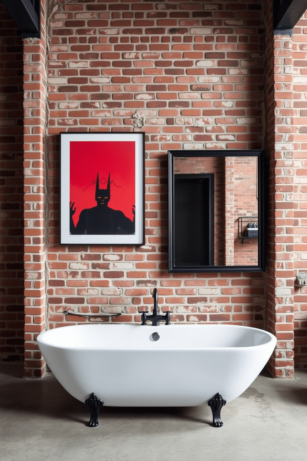 A striking industrial bathroom featuring exposed brick walls and concrete flooring. Bold artwork hangs prominently on the wall, creating a vibrant contrast against the raw textures of the space. The centerpiece is a freestanding tub with sleek black fixtures. A large mirror with an industrial-style frame reflects the unique blend of modern and rustic elements.