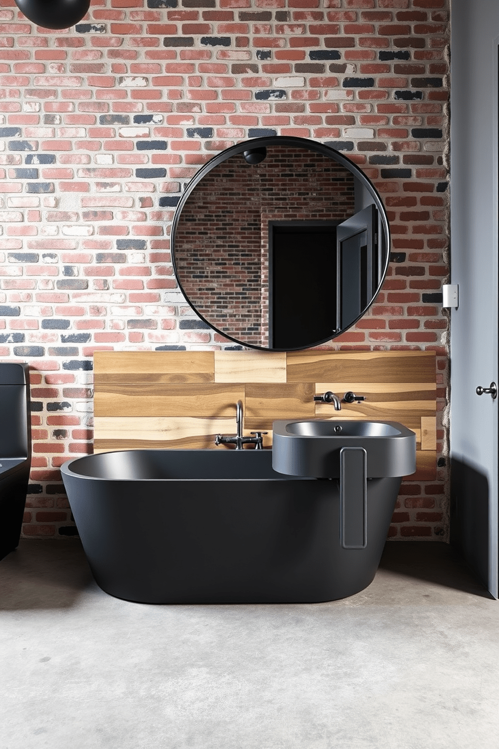 A striking industrial bathroom design features a combination of raw materials and sleek finishes. Exposed brick walls contrast with polished concrete flooring, creating a bold backdrop for the space. The centerpiece is a freestanding bathtub made of matte black fiberglass, surrounded by a reclaimed wood accent wall. A large, round mirror with an industrial metal frame hangs above a double sink made of stainless steel, complemented by black matte faucets.