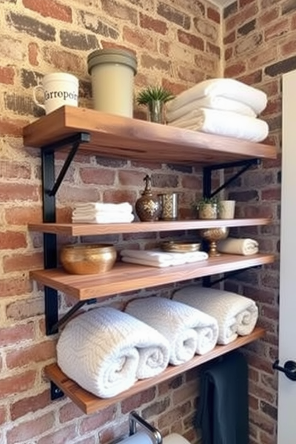 Open shelving for easy access and display in an industrial bathroom design. The shelves are made of reclaimed wood and metal brackets, showcasing neatly arranged towels and decorative items against a backdrop of exposed brick walls.