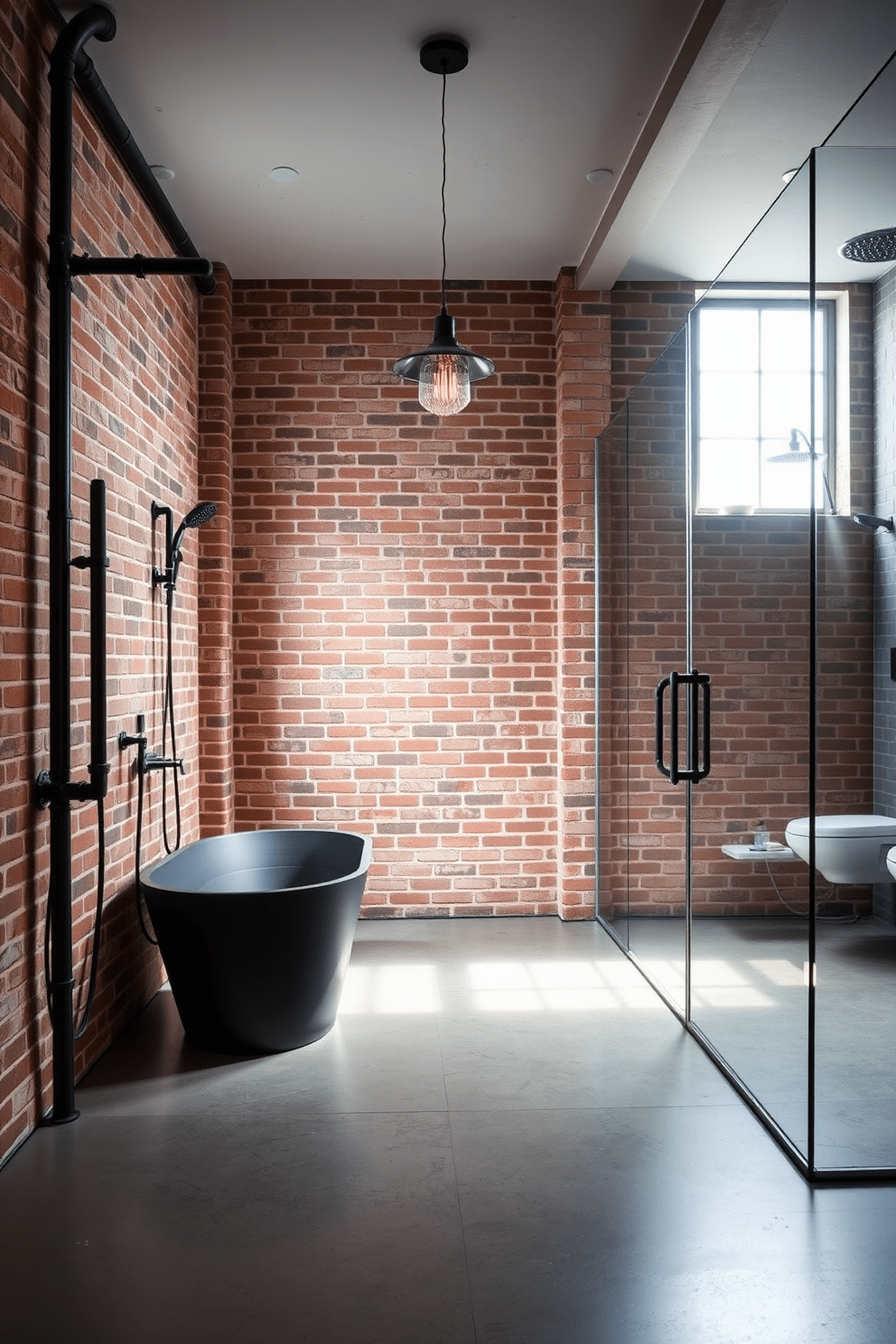 A sleek industrial bathroom featuring exposed brick walls and polished concrete floors. The centerpiece is a freestanding tub with a matte black finish, complemented by industrial-style showerheads mounted on a metal pipe system. The space includes a large, frameless glass shower enclosure with a rainfall showerhead. Vintage-style lighting fixtures hang from the ceiling, casting a warm glow over the room.