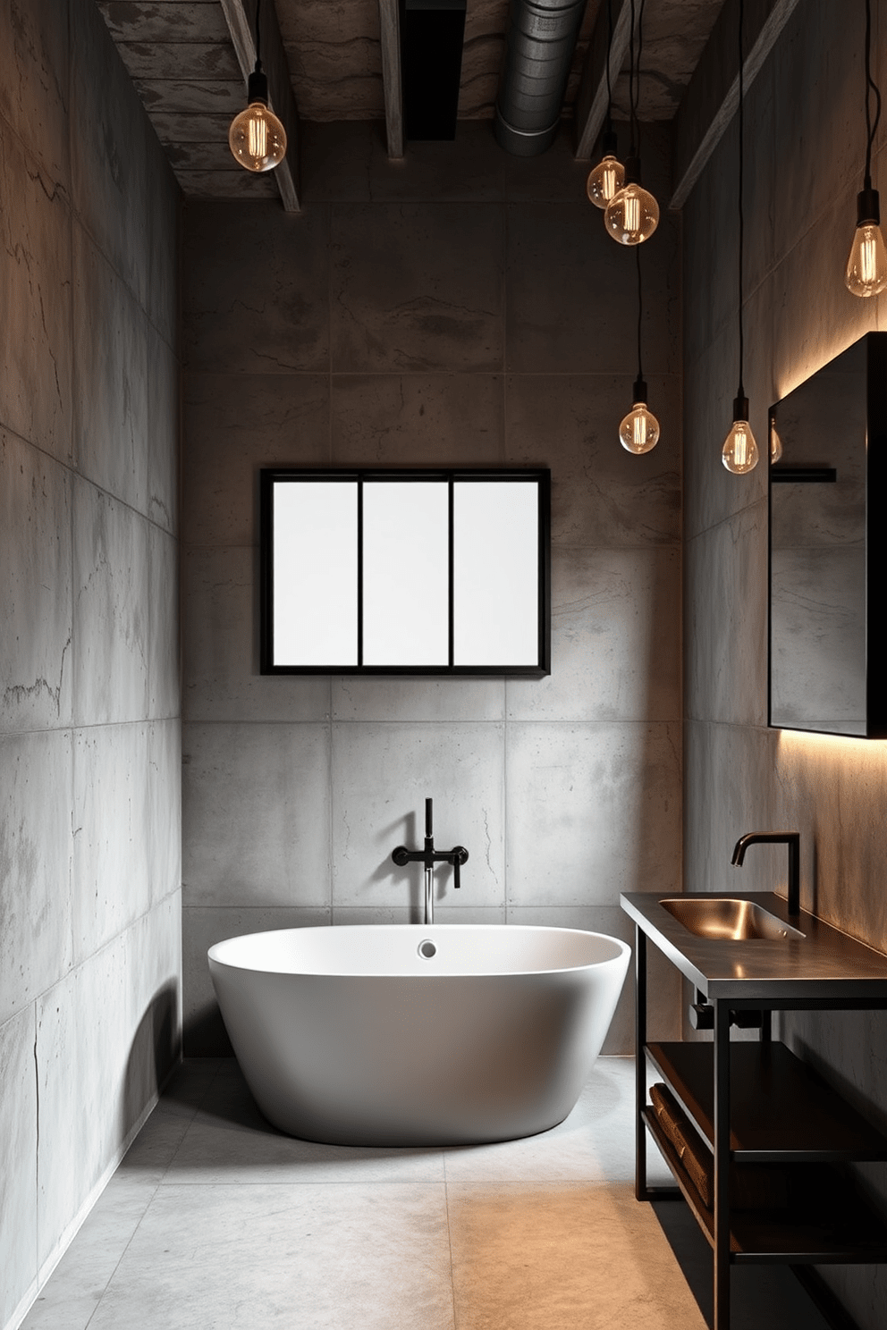 A modern industrial bathroom with exposed concrete walls creating a raw urban atmosphere. The space features a sleek freestanding tub and a minimalist metal sink with an open shelving unit for storage. The lighting is provided by pendant fixtures with Edison bulbs hanging from the ceiling. A large mirror with a black frame reflects the unique textures of the concrete and accents the overall design.