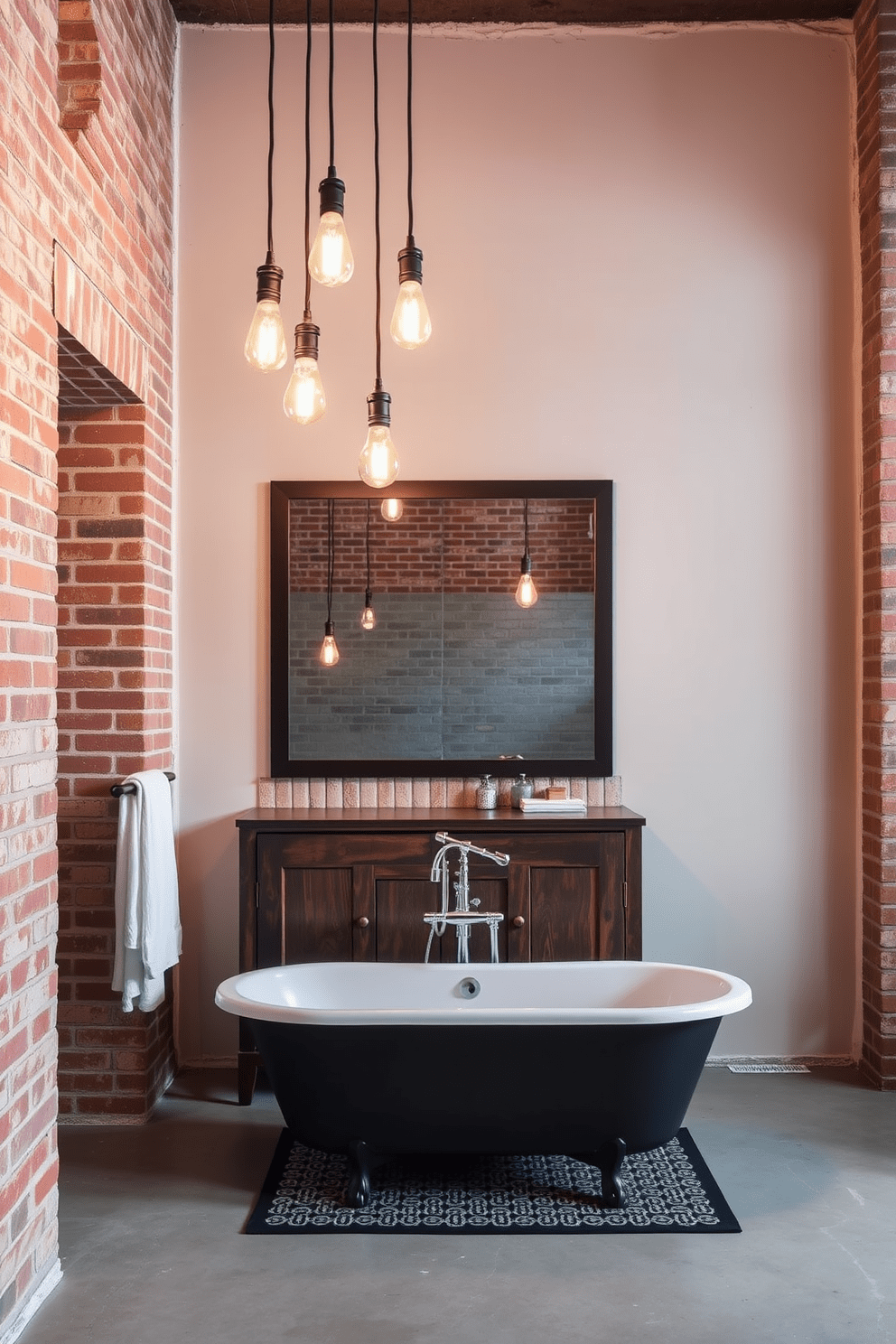 A striking industrial bathroom featuring unique light fixtures as focal points. The space includes exposed brick walls, a concrete floor, and a large metal-framed mirror that enhances the industrial aesthetic. Hanging pendant lights with Edison bulbs provide warm illumination above a rustic wooden vanity. Complementing the fixtures, a freestanding bathtub rests on a patterned tile mat, creating a perfect blend of style and functionality.