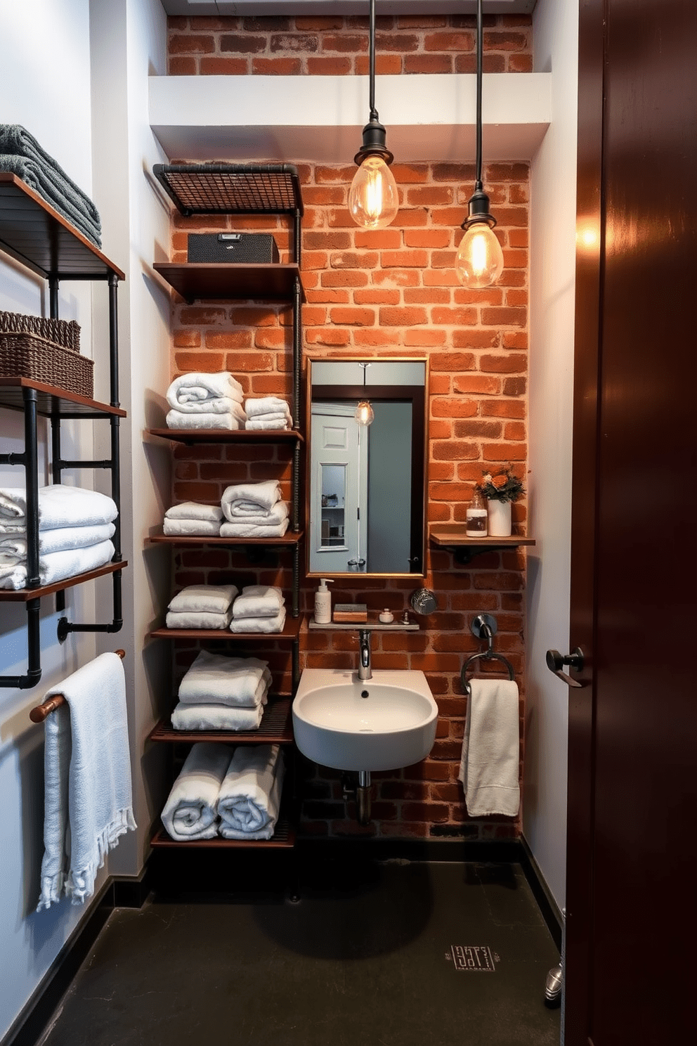 A striking industrial bathroom features metal pipe shelving that provides both function and style. The shelving is mounted against a raw brick wall and is filled with neatly arranged towels and decorative items. The floor is covered in dark concrete tiles, and a vintage-style mirror hangs above the sink. Industrial light fixtures with Edison bulbs illuminate the space, enhancing the overall aesthetic.