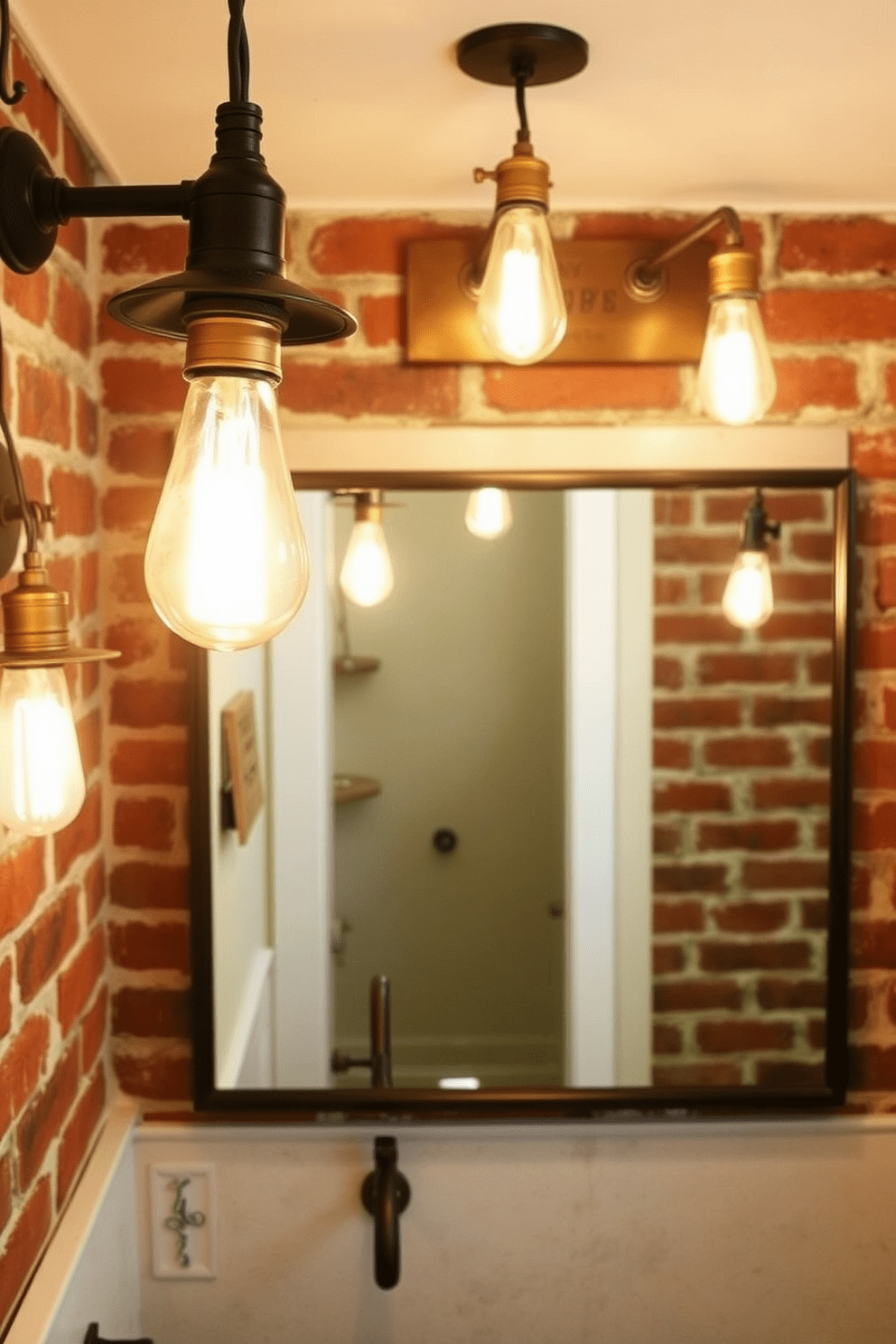 Vintage lighting fixtures add a touch of industrial flair to the bathroom, creating a unique blend of old and new. The space features exposed brick walls and concrete flooring, enhancing the industrial aesthetic. The fixtures are made of wrought iron and feature Edison bulbs that cast a warm glow. Accents of copper and brushed nickel are incorporated throughout, adding to the vintage charm.