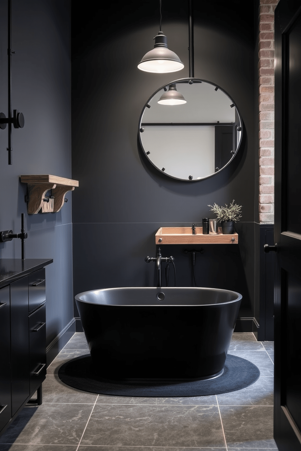 A striking industrial bathroom design featuring a dark color palette that enhances the dramatic effect. The walls are painted in a deep charcoal gray, complemented by exposed brick accents and black metal fixtures. A freestanding black tub sits center stage, surrounded by sleek black cabinetry and a rustic wooden shelf. The floor is adorned with large dark tiles, and a large round mirror with an industrial-style frame reflects the moody ambiance.