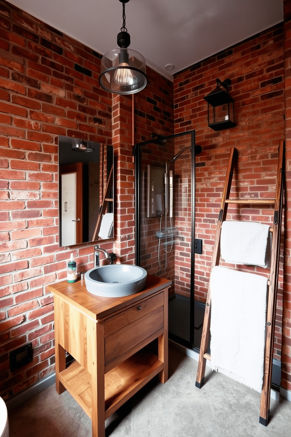 A striking industrial bathroom features reclaimed wood accents that bring warmth and character to the space. The walls are adorned with exposed brick, while a sleek metal shower enclosure adds a contemporary touch. A rustic wooden vanity with a concrete sink sits against one wall, complemented by industrial-style pendant lighting overhead. The floor is finished with large concrete tiles, and a vintage ladder serves as a towel rack, enhancing the room's unique charm.