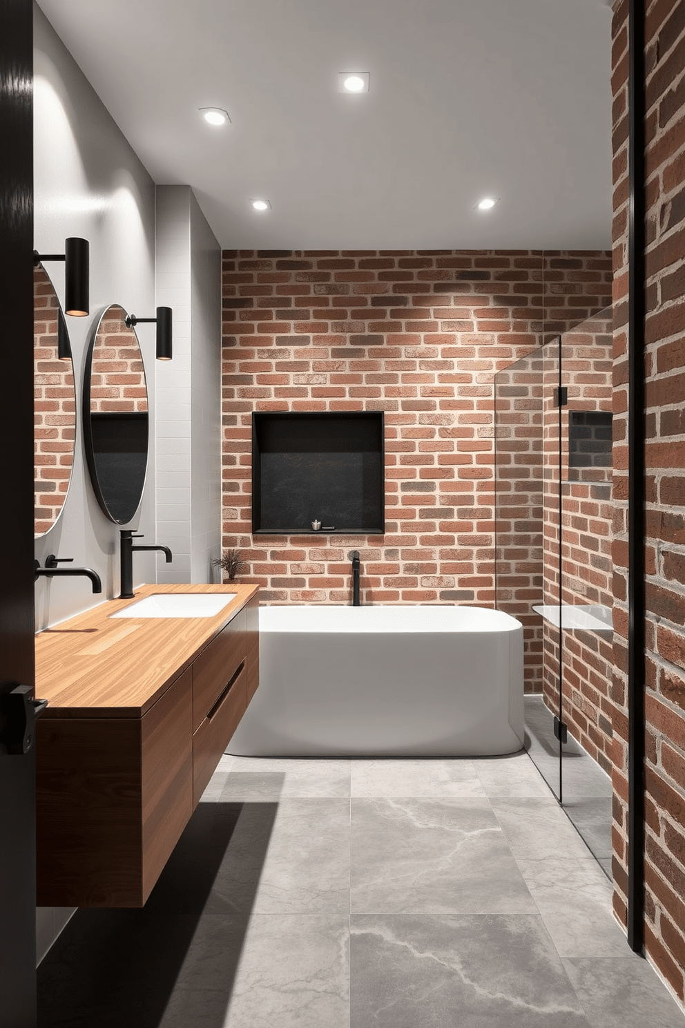 A striking industrial bathroom features cement tiles that provide both durability and style. The walls are adorned with exposed brick, complemented by sleek black fixtures and a minimalist wooden vanity.