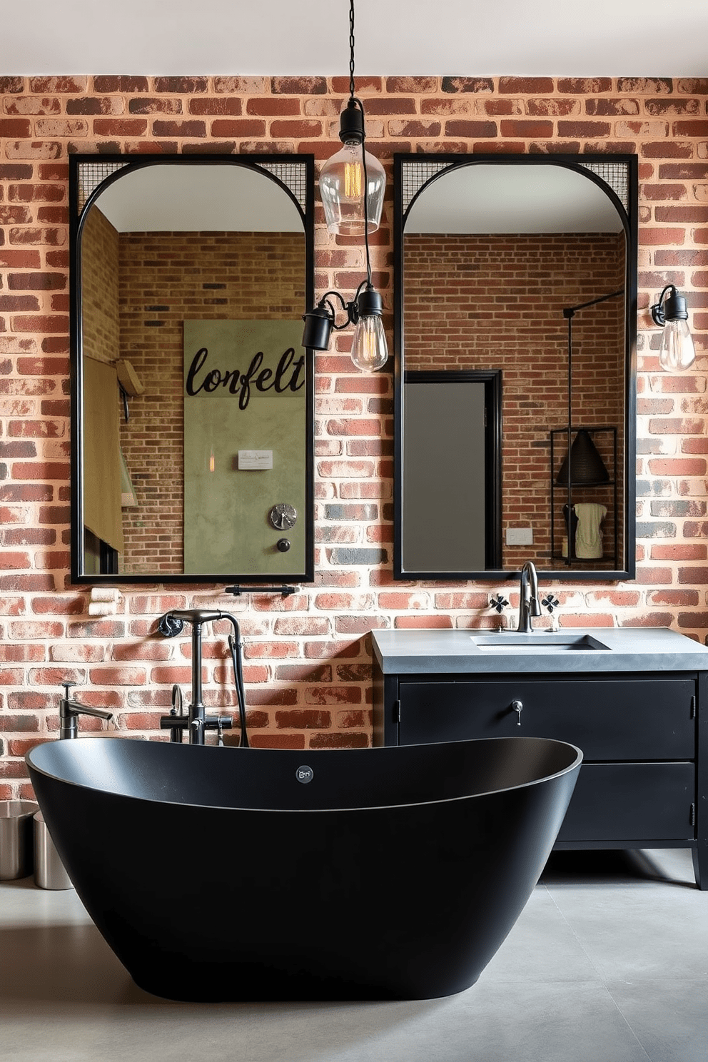 An industrial bathroom design featuring large mirrors with metal frames mounted on exposed brick walls. The space includes a sleek black freestanding tub and a concrete vanity with dual sinks, complemented by vintage-style light fixtures.