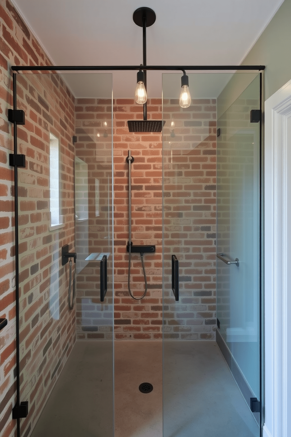 Open shower design with glass partitions. The space features exposed brick walls and a concrete floor, creating an industrial vibe. A sleek rain shower head is mounted from the ceiling, and the glass partitions provide a seamless transition to the rest of the bathroom. Industrial-style lighting fixtures hang above, adding a warm glow to the space.