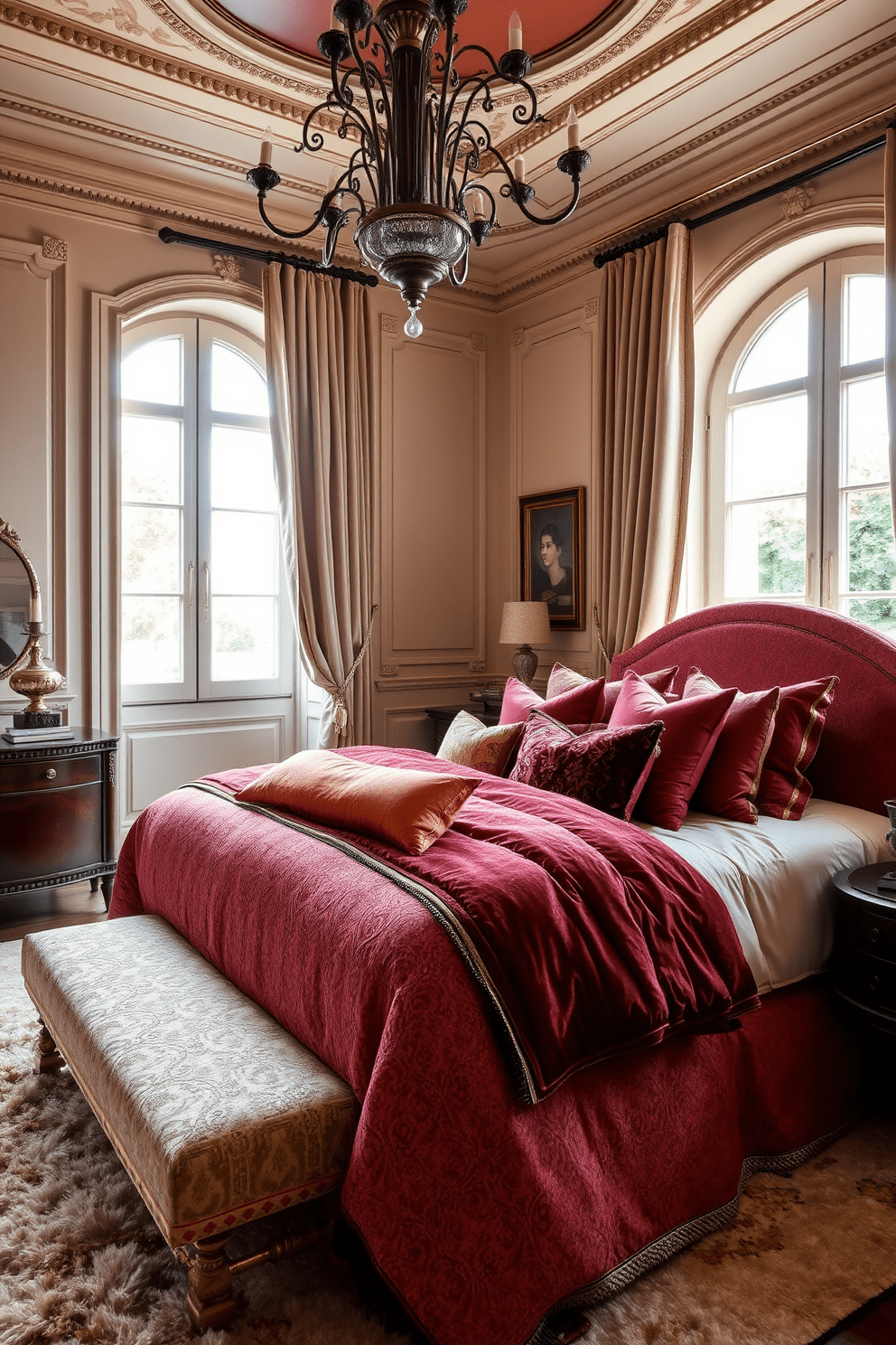 A luxurious Italian bedroom featuring rich textured fabrics that create a sense of layered comfort. The bed is adorned with a plush velvet duvet and an assortment of decorative pillows in various shades of deep red and gold. The walls are painted in a warm cream tone, complemented by intricate moldings and a classic chandelier overhead. A plush area rug in soft tones anchors the space, while elegant drapes frame the large windows, allowing natural light to filter through.